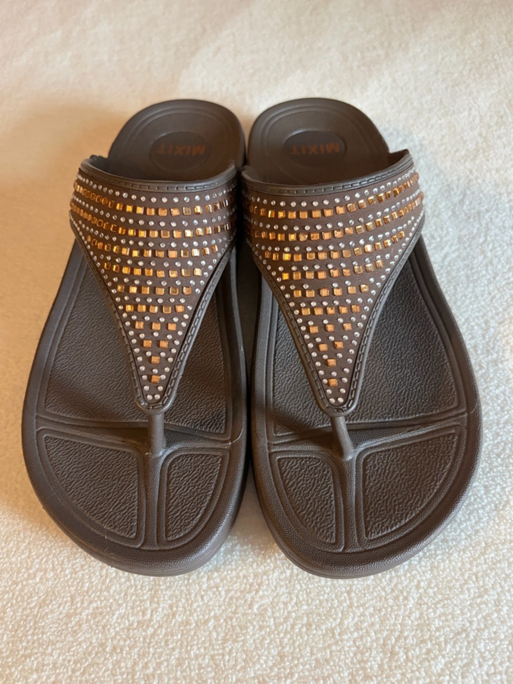 Mixit Brown Mini Wedge Flip Sandals with Gold Rhinestone Bling Accents Size 9